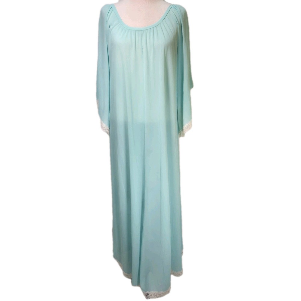 Vtg 60s Claire Sandra Lucie Ann M Nightgown Sheer Blue Lace Trim Tulip Applique